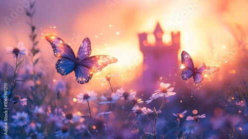 Fairies flutter around a pink castle tower, their glowing wings lighting up a meadow of blossoming wildflowers under a serene pastel sunset