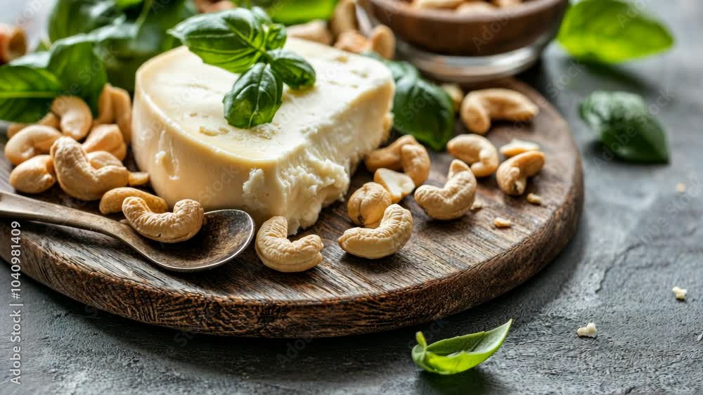 Cashew cheese with basil leaves on a wooden cutting board Cashew cheese with basil leaves on a wooden cutting board