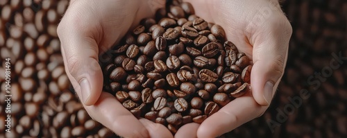 Hands holding fresh roasted coffee beans on a dark background.