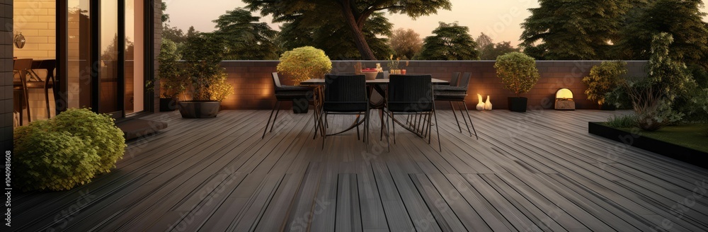 Empty wooden patio with black chairs and table. Empty wooden patio with black chairs and table.
