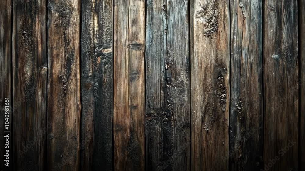 A close-up of a weathered wooden fence with dark brown planks A close-up of a weathered wooden fence with dark brown planks