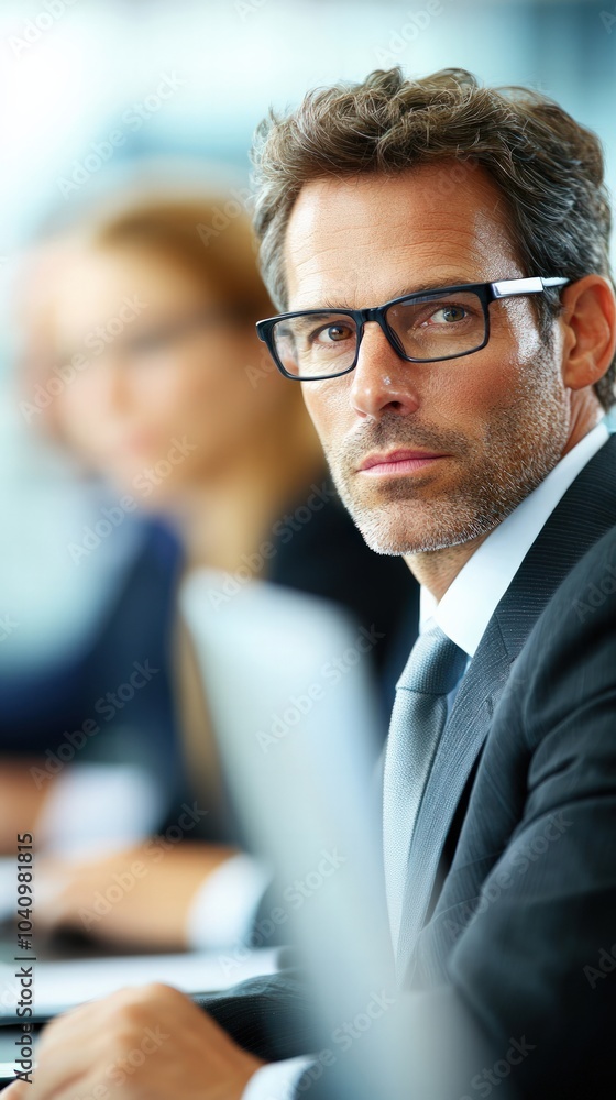 Focused Businessman Engaged in a Meeting with Colleagues in a Professional Setting Focused Businessman Engaged in a Meeting with Colleagues in a Professional Setting