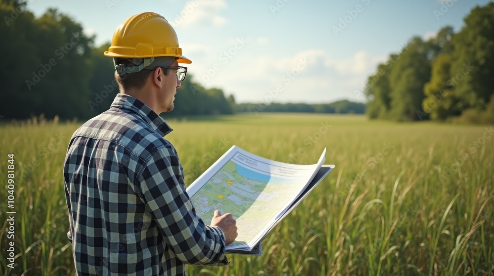 Construction site engineer studying blueprint plans in a field Construction site engineer studying blueprint plans in a field