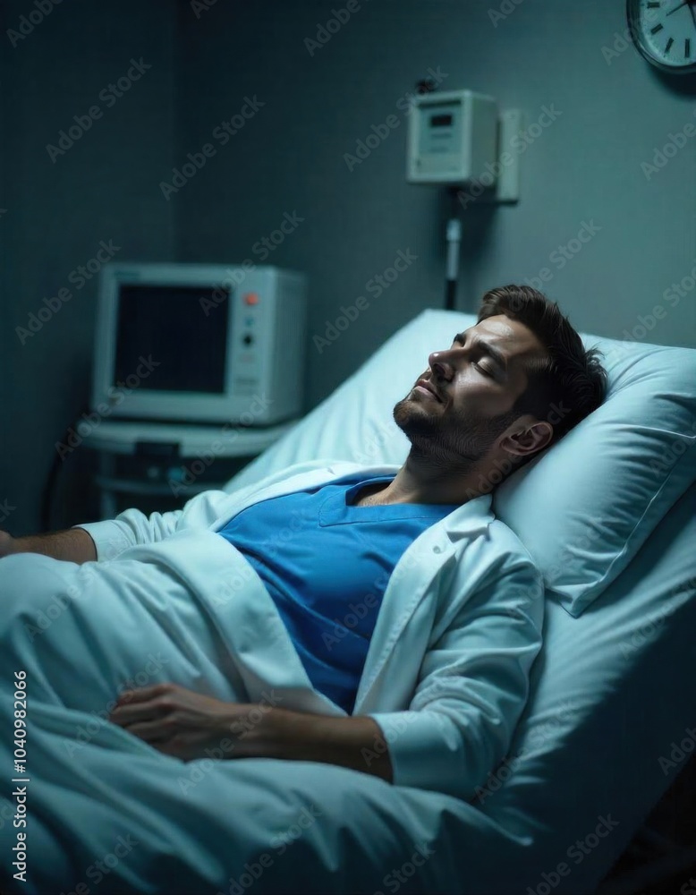 Fototapeta premium Exhausted doctor sleeping in hospital bed after work shift