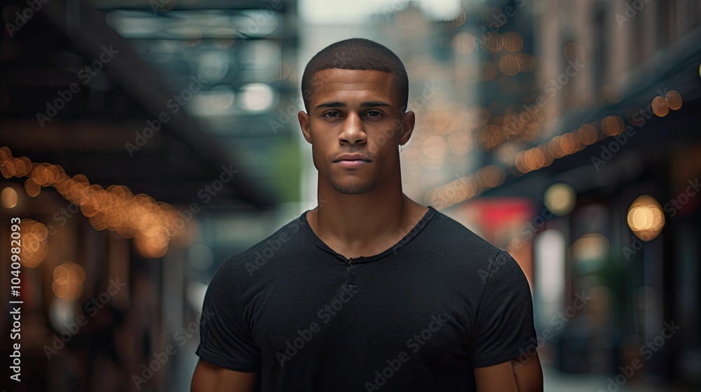 Young man posing in front of city lights. Young man posing in front of city lights.