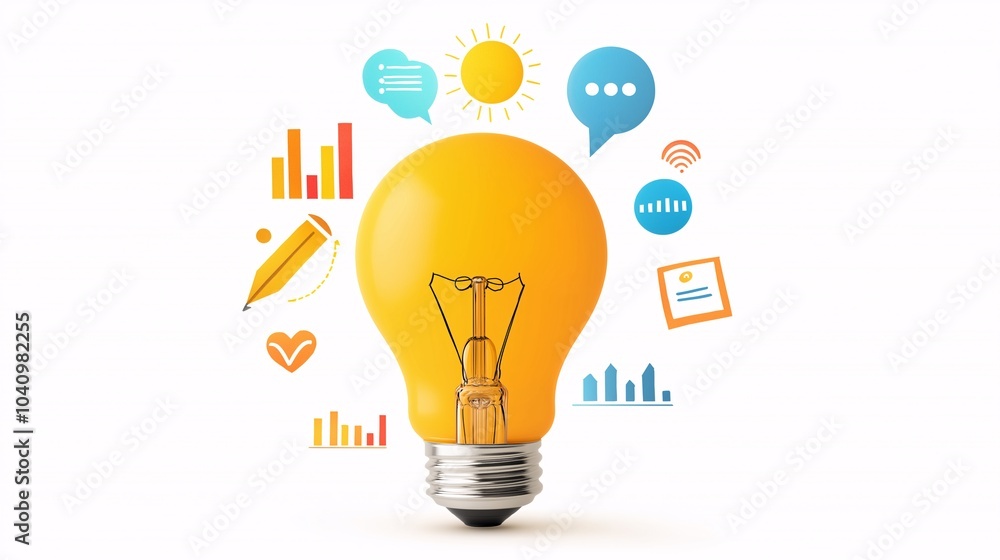 Illuminating Ideas: A bright yellow light bulb symbolizes innovation, creativity, and inspiration, surrounded by various icons representing different aspects of the creative process. Illuminating Ideas: A bright yellow light bulb symbolizes innovation, creativity, and inspiration, surrounded by various icons representing different aspects of the creative process.