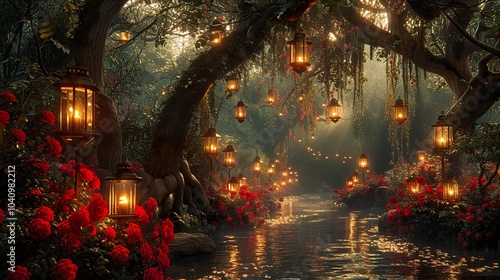 Enchanted Forest Path With Glowing Lanterns