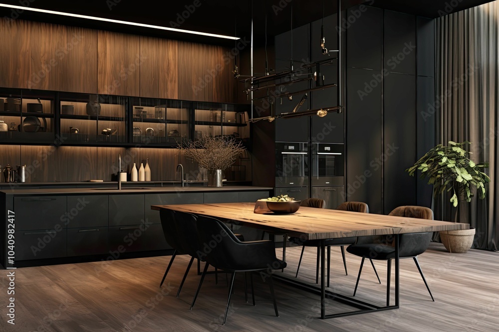Modern kitchen dining area with wood table. Modern kitchen dining area with wood table.