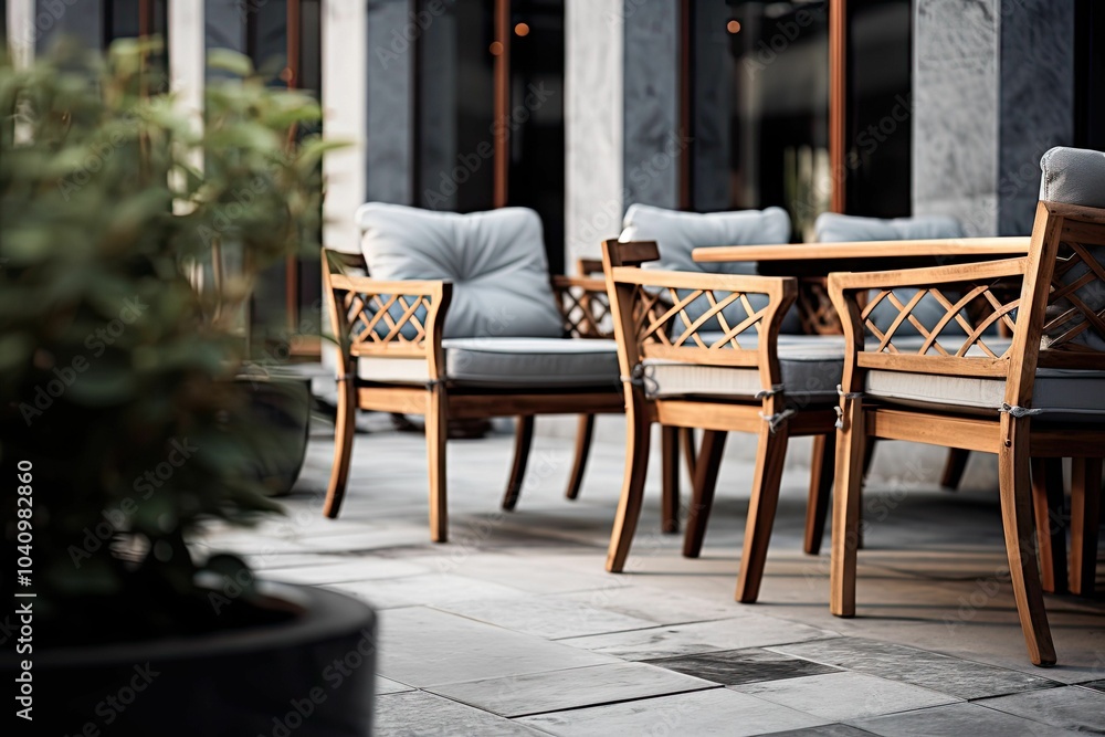 Wooden chairs with grey cushions on a patio. Wooden chairs with grey cushions on a patio.