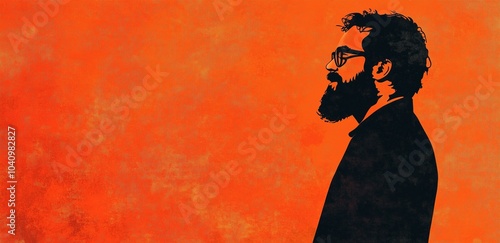 Horizontal banner with free space for text, vintage postcard, International Men's Day, IMD,  silhouette of an adult bearded man in a glasses. Orange background photo