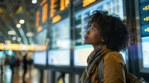 Black female traveler looking at flight information board in airport, checking flight times photo