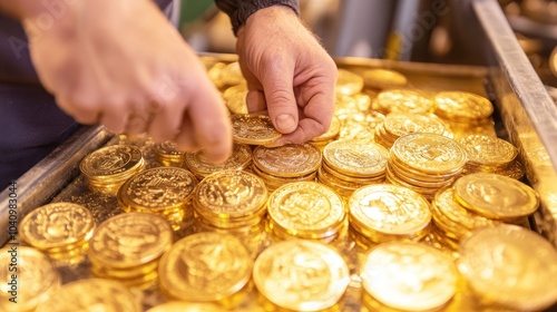 Hands Sorting Gold Coins on a Workspace photo