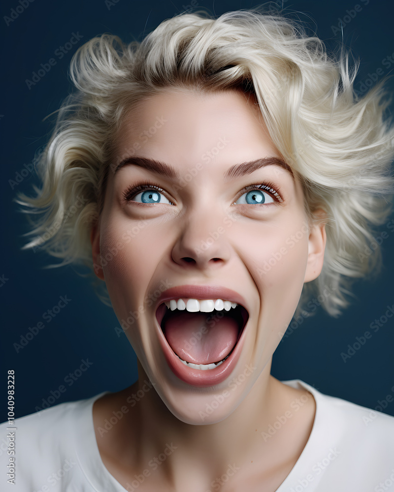 portrait of a woman expressing joyful surprise, her eyes wide and mouth open in a delighted smile portrait of a woman expressing joyful surprise, her eyes wide and mouth open in a delighted smile