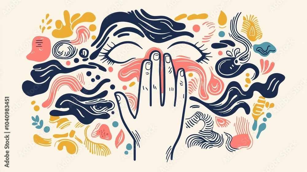 Obraz premium Silence in Chaos - Hand Covering Mouth with Swirling Patterns Background