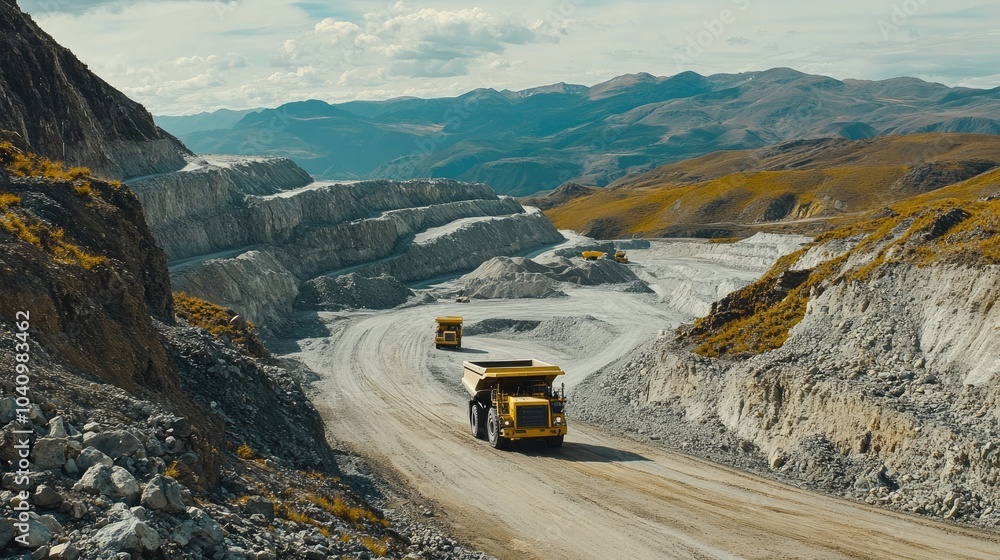 Mining Trucks Navigate Rocky Quarry Landscape Mining Trucks Navigate Rocky Quarry Landscape