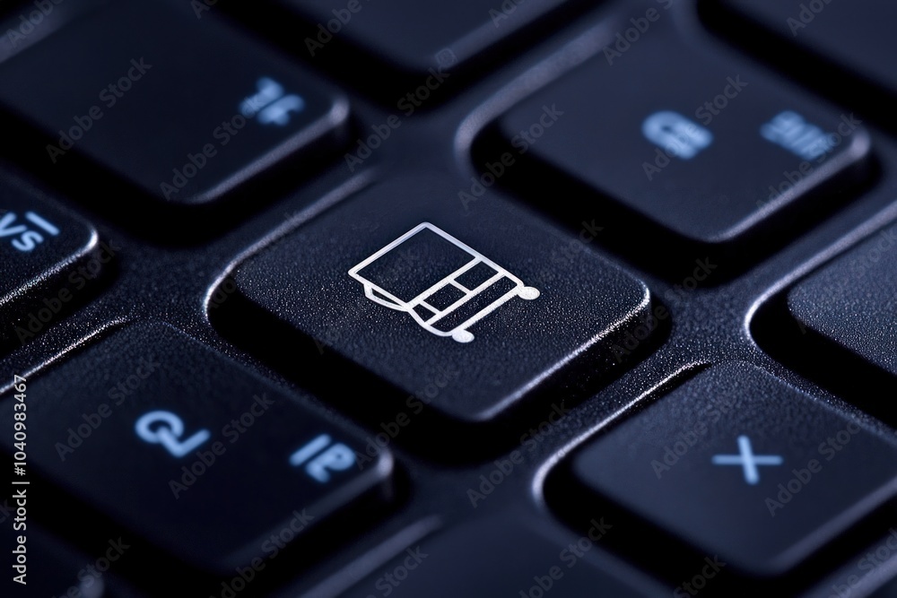 Close-Up View of a Keyboard Key Featuring a Shopping Cart Icon for E-Commerce Functions Close-Up View of a Keyboard Key Featuring a Shopping Cart Icon for E-Commerce Functions