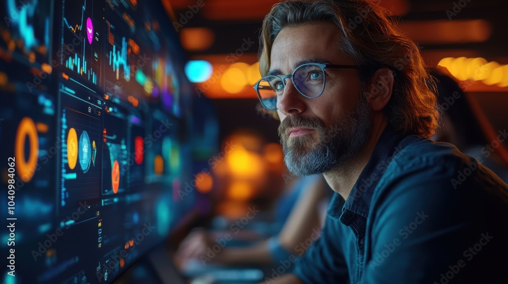 Focused professional analyzing data on digital screens. Focused professional analyzing data on digital screens.