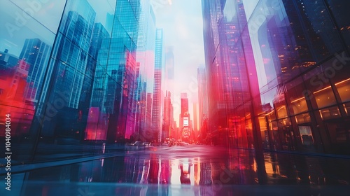 Modern urban environment featuring sleek skyscrapers and colorful street art murals, captured in delicate watercolor tones, showcasing creativity in a futuristic city