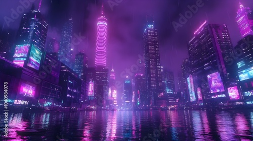 Neon-lit futuristic skyscrapers, base levels covered in retro street art murals, a nostalgic urban atmosphere blending with cutting-edge technology