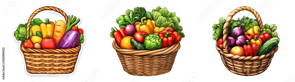 Realistic baskets of vegetables isolated on transparent PNG perfect for healthy food illustrations or farming-themed designs. Realistic baskets of vegetables isolated on transparent PNG perfect for healthy food illustrations or farming-themed designs.
