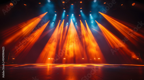 Stage lights. light beams from the stage spotlights on the stage at the time of the entertainment show. Night club. Lights show. Lazer show isolated on black background light projector illumination photo