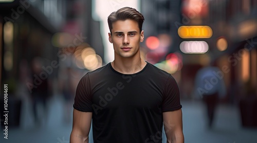 Man in black shirt stands in city.