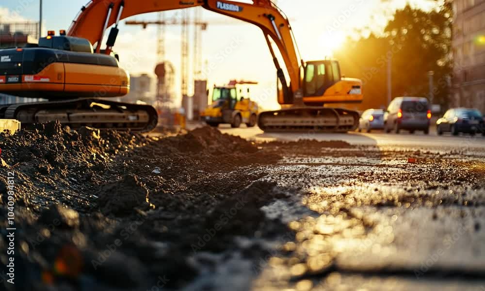 Close-up of freshly laid asphalt with a construction crane in the background at sunset. Close-up of freshly laid asphalt with a construction crane in the background at sunset.