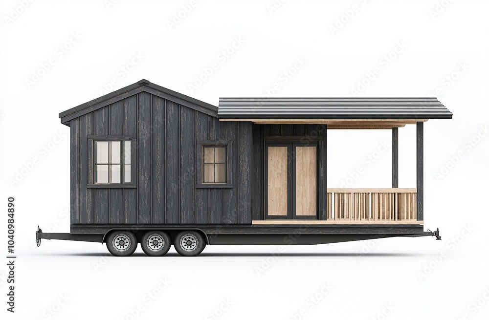 a tiny house on wheels with a porch, in a dark grey color, on a white background