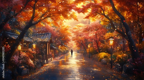 A solitary figure walks down a path lined with vibrant autumn leaves, the sunlight filtering through the trees casting a warm glow on the scene.