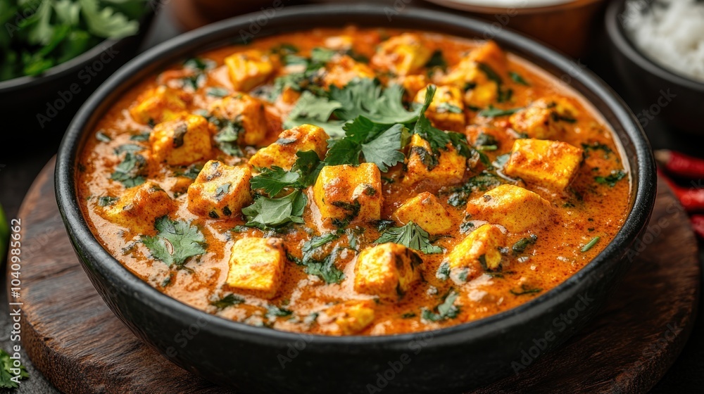 A delicious bowl of paneer curry garnished with fresh herbs. A delicious bowl of paneer curry garnished with fresh herbs.