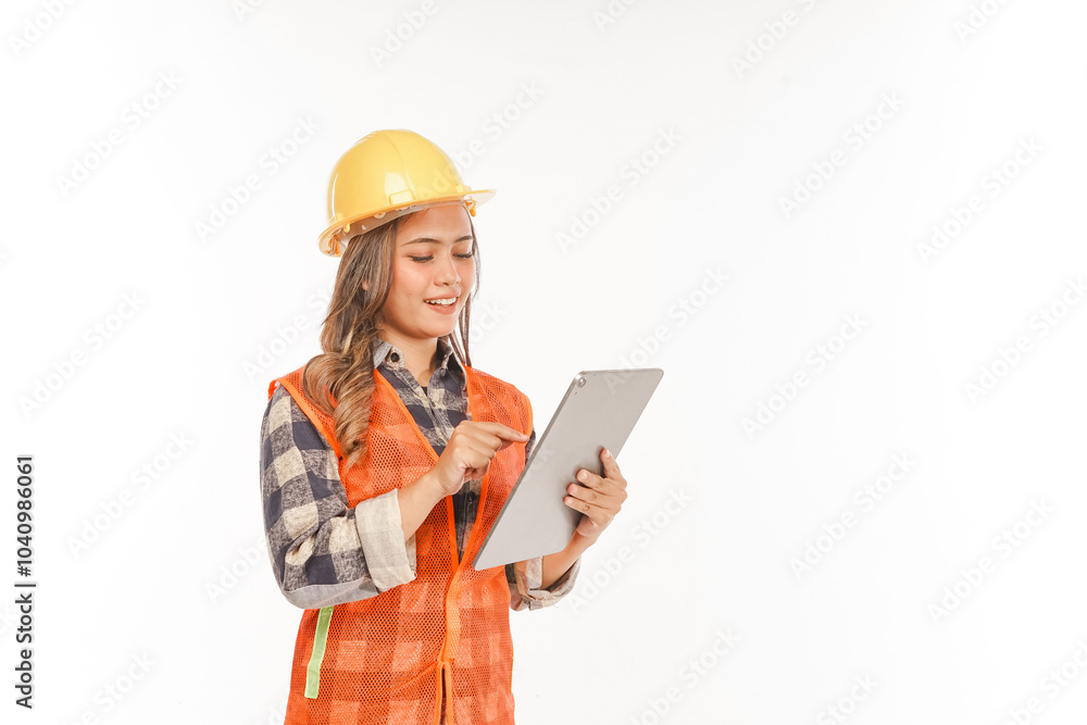smiling Asian female architect in hard hat using tablet smiling Asian female architect in hard hat using tablet