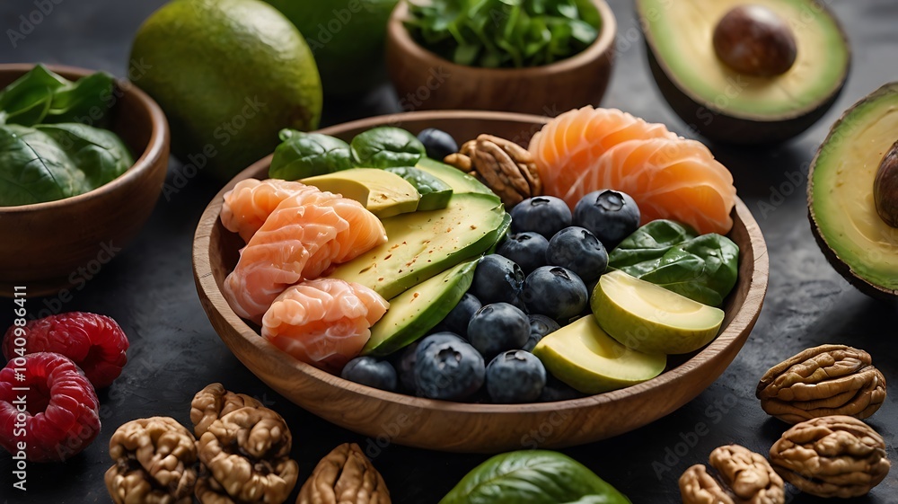 A beautifully arranged collection of brain-boosting foods, including walnuts, salmon, spinach, blueberries, and avocados. A beautifully arranged collection of brain-boosting foods, including walnuts, salmon, spinach, blueberries, and avocados.