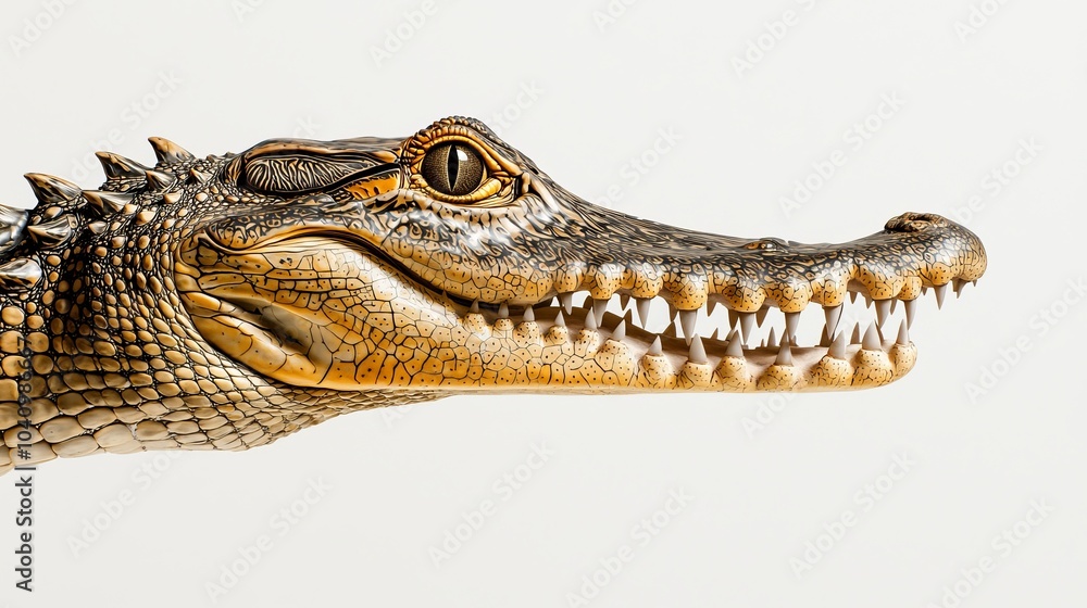 Obraz premium Side profile of a crocodile with mouth agape, sharp teeth on display, natural texture of scales isolated on white, ultra-realistic detail