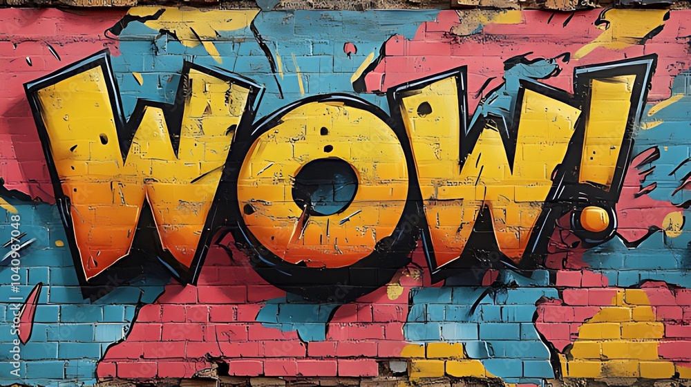 Obraz premium A vibrant graffiti art of the word WOW on a weathered brick wall, with splashes of blue, pink, and yellow paint.