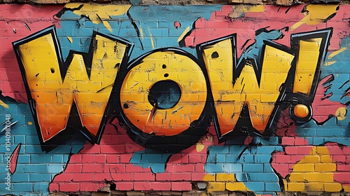 A vibrant graffiti art of the word WOW on a weathered brick wall, with splashes of blue, pink, and yellow paint.