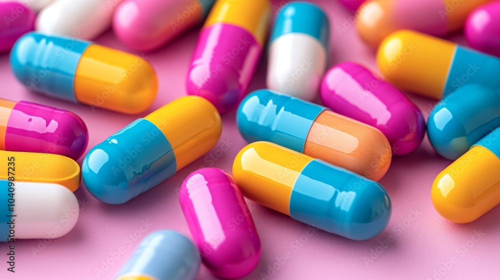 Top view of vibrant, multicolored medicine pills scattered on a pale pink textured surface, sharp focus on pill details. medicine pills, pharmaceutical art Top view of vibrant, multicolored medicine pills scattered on a pale pink textured surface, sharp focus on pill details. medicine pills, pharmaceutical art