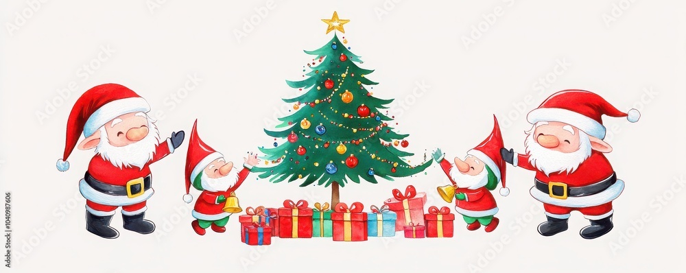 Cheerful Gnomes in Santa Outfits with a Decorated Christmas Tree Cheerful Gnomes in Santa Outfits with a Decorated Christmas Tree