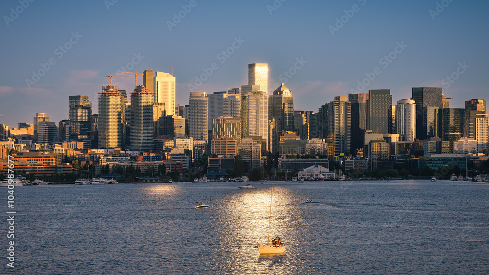 Seattle City Skyline and Golden Reflections on Lake Union Seattle City Skyline and Golden Reflections on Lake Union