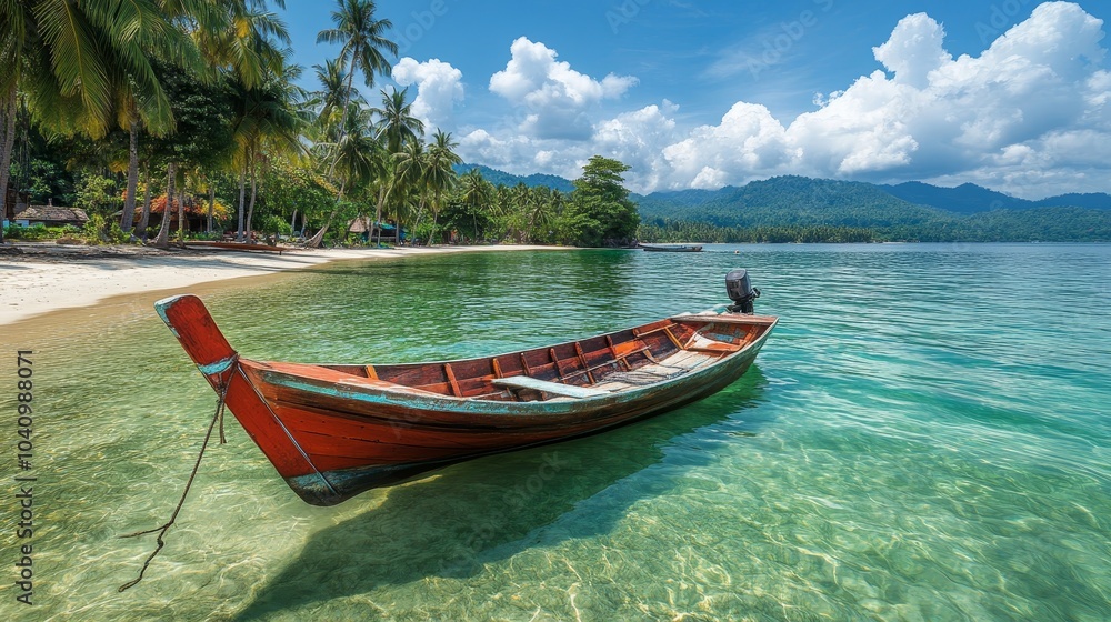 Traditional longtail boat at rest on clear water, beach and coconut trees in background, vibrant colors, summer vacation atmosphere Traditional longtail boat at rest on clear water, beach and coconut trees in background, vibrant colors, summer vacation atmosphere