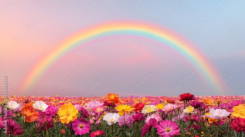 Naklejka premium Vibrant Rainbow Arch Over Lush Flower Field in Scenic Nature Landscape
