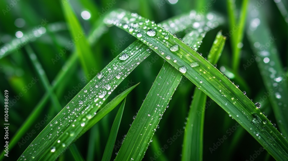 Naklejka premium Ultra-close-up of fresh green grass, each blade adorned with water droplets, sparkling in the morning light, wet grass macro, dewdrop nature scene