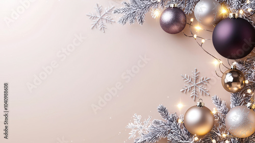 Festive holiday decorations with purple, silver, and gold ornaments, snowflakes, and fairy lights on a soft pastel background