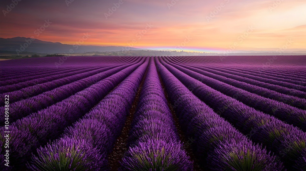 Ethereal Purple Lavender Rows With Vibrant Rainbow Horizon Landscape Ethereal Purple Lavender Rows With Vibrant Rainbow Horizon Landscape