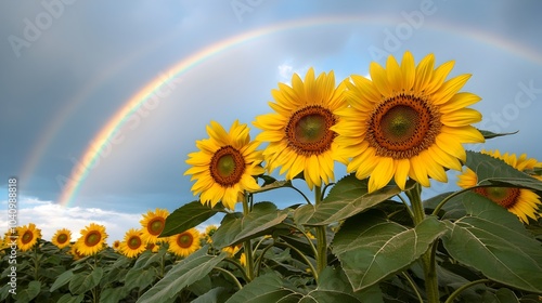 Stunning Rainbow Arch Above Sunflower Field Landscape