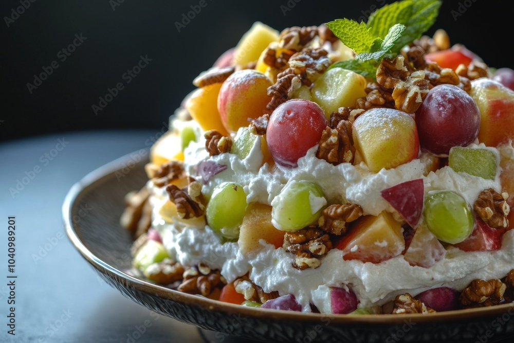 A close-up of a fruit salad with whipped cream, topped with nuts and a sprig of mint. A close-up of a fruit salad with whipped cream, topped with nuts and a sprig of mint.