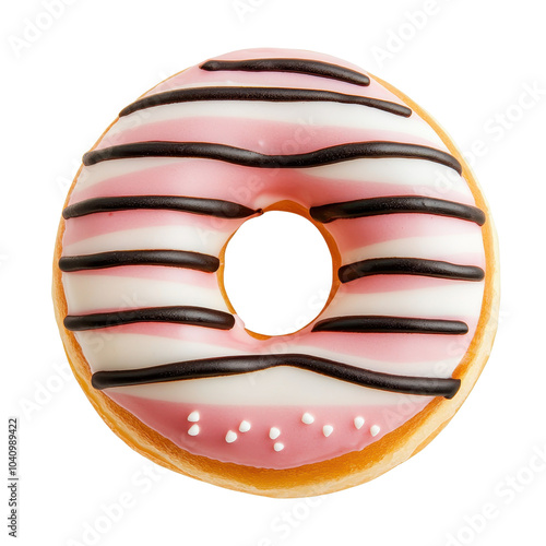 Delicious pink frosted donut with chocolate stripes on a white background. photo