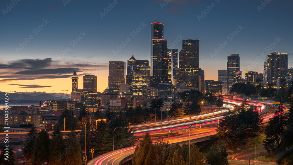 Fototapeta premium Seattle Evening Skyline Lights