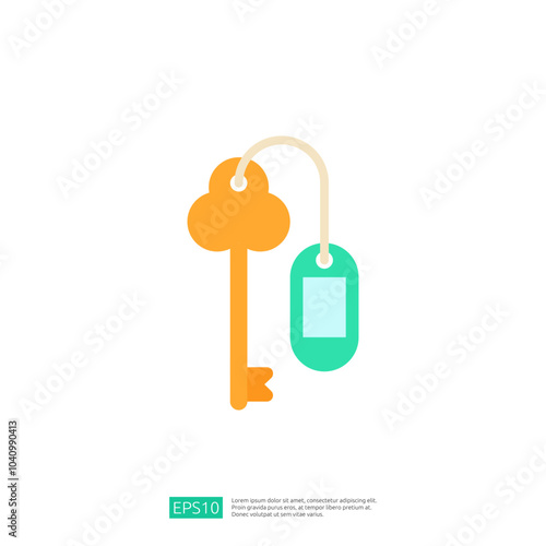 This image features a stylized key with an attached tag, representing concepts of access, security, or identification. It uses a simple, colorful design.