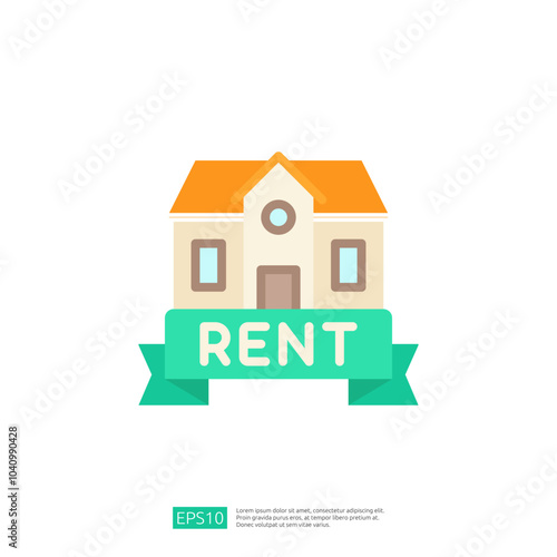 The image features a stylized house with an orange roof and a "RENT" banner beneath it, conveying a message related to rental properties or housing.