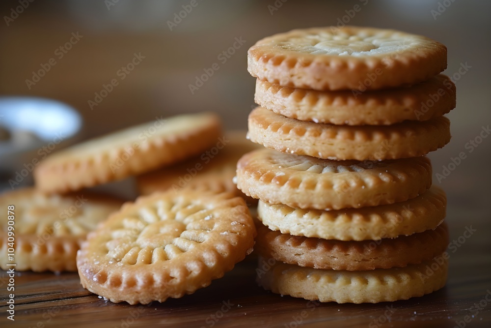 A stack of cookies sitting on top of a wooden table A stack of cookies sitting on top of a wooden table